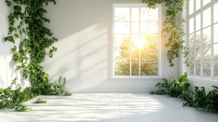 Fototapeta premium Sunlit Room with Lush Greenery and White Walls