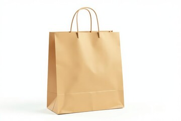 A single brown paper shopping bag, handles visible, isolated on pure white background , store, overhead shot