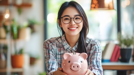 84. A professional Asian woman managing her income and preparing for the future by saving money in a piggy bank