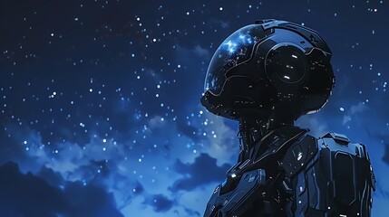 Futuristic Robot Contemplates Night Sky Starscape Digital Art