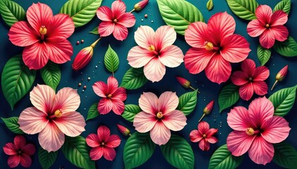 Bold hibiscus blossoms & tropical foliage, vibrant repeat , hawaiian, background