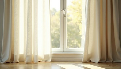 Cream linen curtains, softly gathered, natural light , white, peaceful, home decor