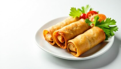 Crispy spring rolls, vibrant vegetables, white background, fresh, photography, oriental food