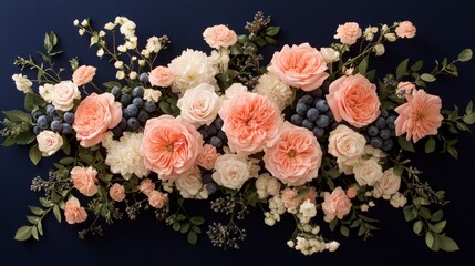 Peach Roses  Blueberries  Floral Arrangement  Navy Background  Still Life Photography