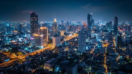 Obraz premium Vibrant night cityscape bangkok aerial view urban environment city lights and skyline