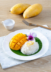Sticky rice with mango on a white plate, a popular Thai dessert.