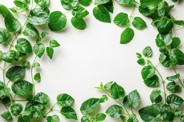 Lush green leaves against a white background with natural lighting and fresh foliage arrangement