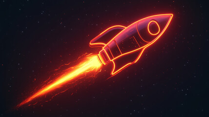 Obraz premium Neon rocket ship launching in starry outer space.