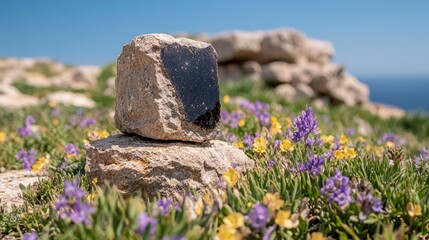 Obsidian Cube  Wildflowers  Coastal Landscape  Tranquil Scene