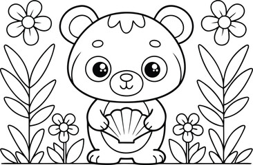 Cute Outline Bear with Shell, Floral Accents, Black and White Line Art on Transparent Background