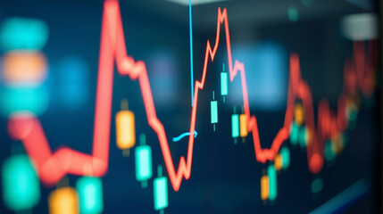 Close-up of a stock market chart. The chart is in red and orange colors, with the red line representing the stock market and the orange line representing a downward trend.