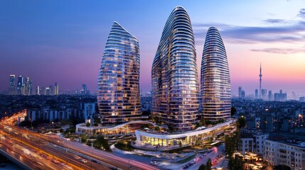 Obraz premium pedestrain-friendly street design, graffic calming measures, outdoor cafes, international atmosphere,international community, resedential building, 8-15 floors, minialist architecture design, bright a