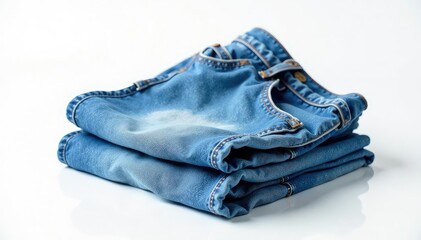 Light wash jeans neatly folded, pure white background, clean, faded