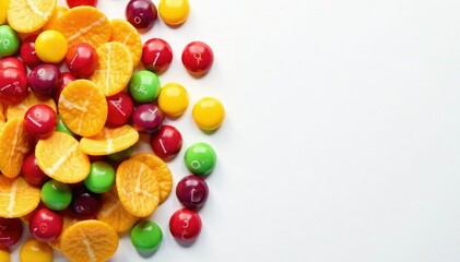 Obraz premium Pile of colorful candy, chips, and soda on white , crispy, sweets