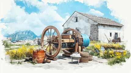 Fototapeta premium Vintage wooden spinning wheel from 1930s in historical setting with rich details and sepia-tone oil painting aesthetic