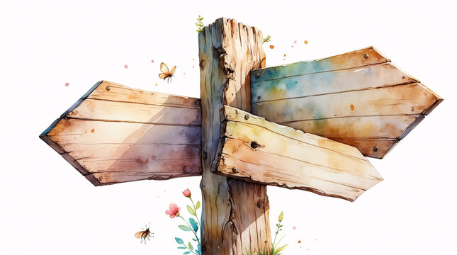 Blank wooden sign post anime drawing on white background for customizable design and text areas Cute Art Illustration for Card Design