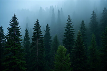 Misty Pine Forest Shrouded in Dense Fog