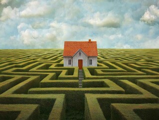 Isolated House Surrounded by a Complex Green Maze Landscape