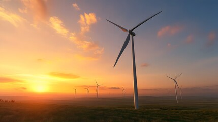Obraz premium Picturesque Wind Farm at Glowing Sunset in Tranquil Countryside Landscape
