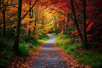 Naklejka premium Crimson and Gold Canopy Over a Peaceful Forest Trail