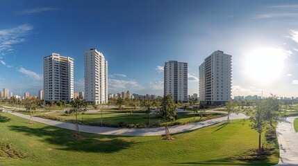 Fototapeta premium wide-angle shot, modern residential complex, park area, daytime sunlight 