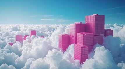 Dreamy Pink Buildings Surrounded by Soft White Clouds in Blue Sky