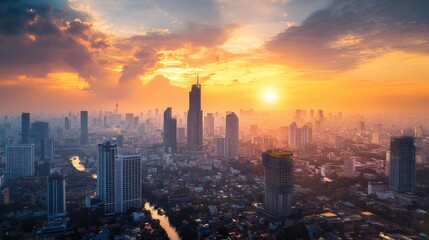 Fototapeta premium Cityscape at dusk skyline sunset bangkok urban photography vibrant atmosphere aerial view tranquil beauty
