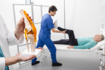 Doctor demonstrates model of knee over background of mature man with a knee injury by a...