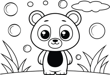 Outlined Cartoon Bear Cub with Bubbles, Cloud and Grass on Transparent Background