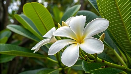 Fototapeta premium Stunning White Plumeria Flowers with Lush Green Leaves Captured in Nature's Beauty for Floral Decor and Wellness