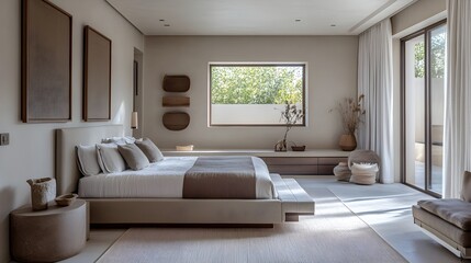 Fototapeta premium Tranquil Contemporary Bedroom with Minimalist Aesthetic and Soothing Earth Tone Palette