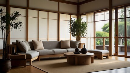 Fototapeta premium Living Room Interior with Sofa, Table, Plants and Minimalist Design