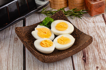 Boiled chicken eggs with bright yolk