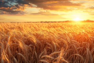 Obraz premium Golden Wheat Field at Sunset. Ears of Golden Wheat in the Field at Sunset 