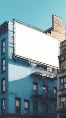 Empty billboard on a blue brick building in an urban neighborhood under clear skies