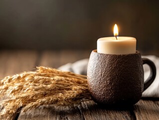 A single lit candle sits in a rustic brown mug next to a bundle of dried wheat stalks on a dark wooden table creating a serene and peaceful atmosphere.