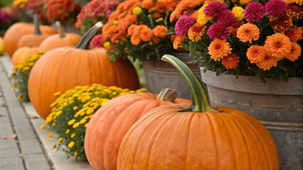 Vibrant Autumn Pumpkins and Colorful Mums in Rustic Baskets Perfect for Fall Decor and Seasonal Celebrations