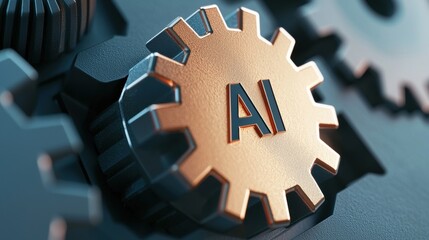 A close-up of a metallic gear featuring the letters "AI," symbolizing artificial intelligence and technology integration in machinery.