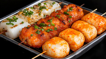 Fototapeta premium Grilled Seafood and Meatball Skewers on Metal Tray