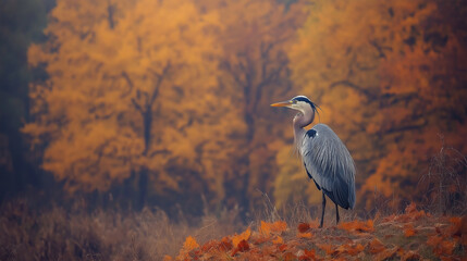 Fototapeta premium Wide shot of a heron in a tranquil autumn forest with blurry trees.