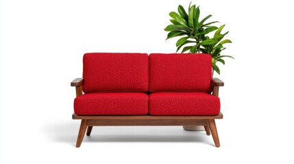 Fototapeta premium Red Mid Century Modern Loveseat with Wooden Frame on White Background