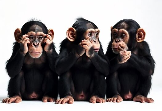Three monkeys on a white background. One monkey covers its ears, the second its eyes, the third its mouth. Kikazaru, Iwazaru, Mizaru on a white background. Looking, turning heads