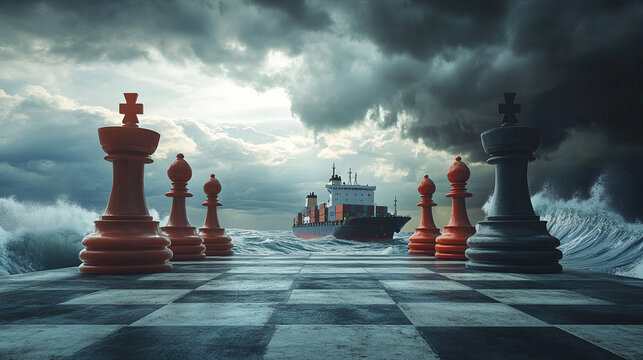 Dramatic chessboard with container ships as pawns and tariff documents as queens, set on a stormy ocean map game board, symbolizing global trade tensions and economic strategy.