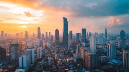 Obraz premium Sunset cityscape over skyscrapers bangkok aerial view urban environment vibrant skyline modern architecture