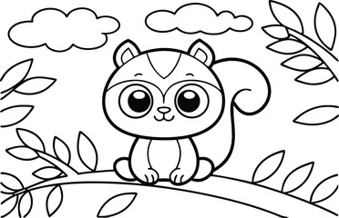 Cute Outline Squirrel on Branch Surrounded by Leaves and Clouds on White