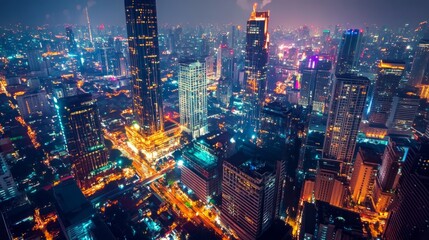 Obraz premium Vibrant night cityscape urban metropolis aerial view futuristic environment neon lights city life
