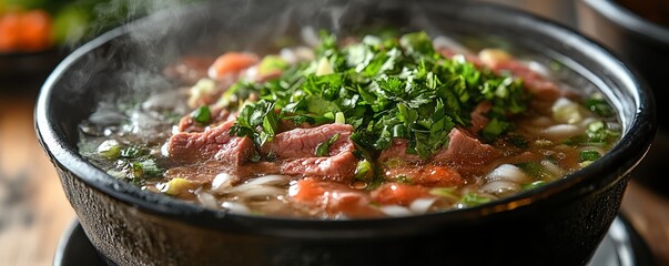 A steaming bowl of Vietnamese pho with sliced beef and fresh herbs
