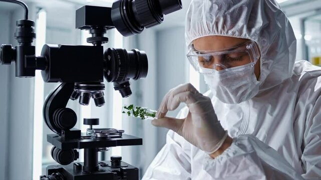 Cient&iacute;fico con traje de protecci&oacute;n examina una muestra de cannabis bajo microscopio en un laboratorio de investigaci&oacute;n avanzada.