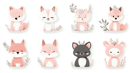 Collection of minimalist pastel animal stickers with forest themes, ideal for children's book illustrations