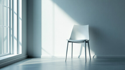Minimalist white chair in sunlit empty room.